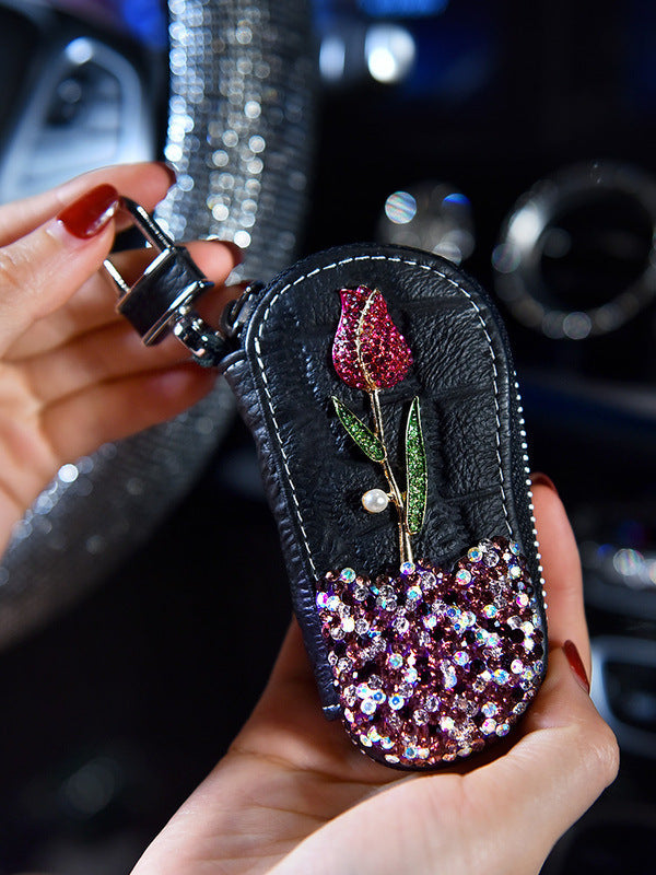 Rhinestone Rose Car Key Case