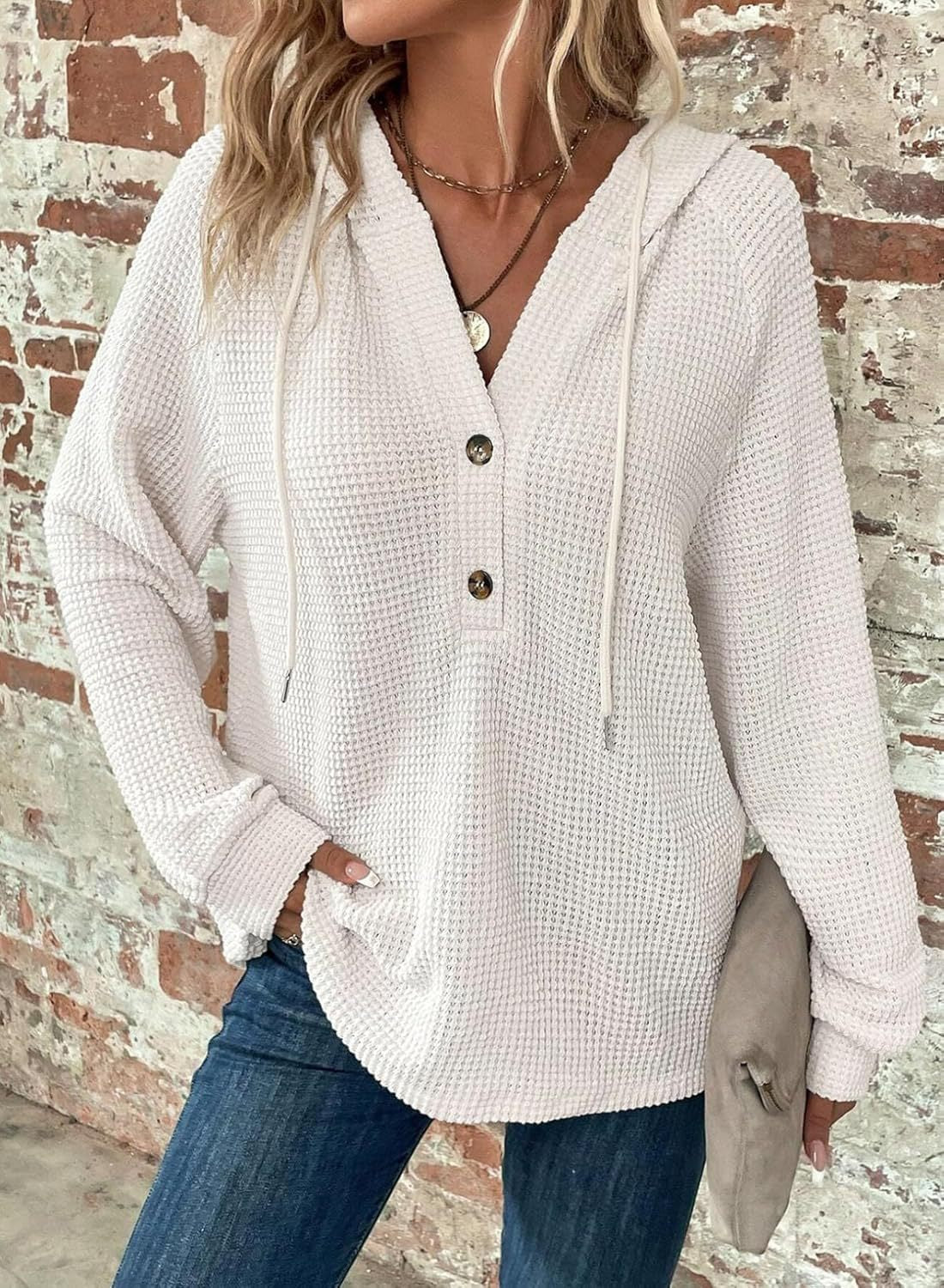 Waffle-Knit Hooded Sweatshirt