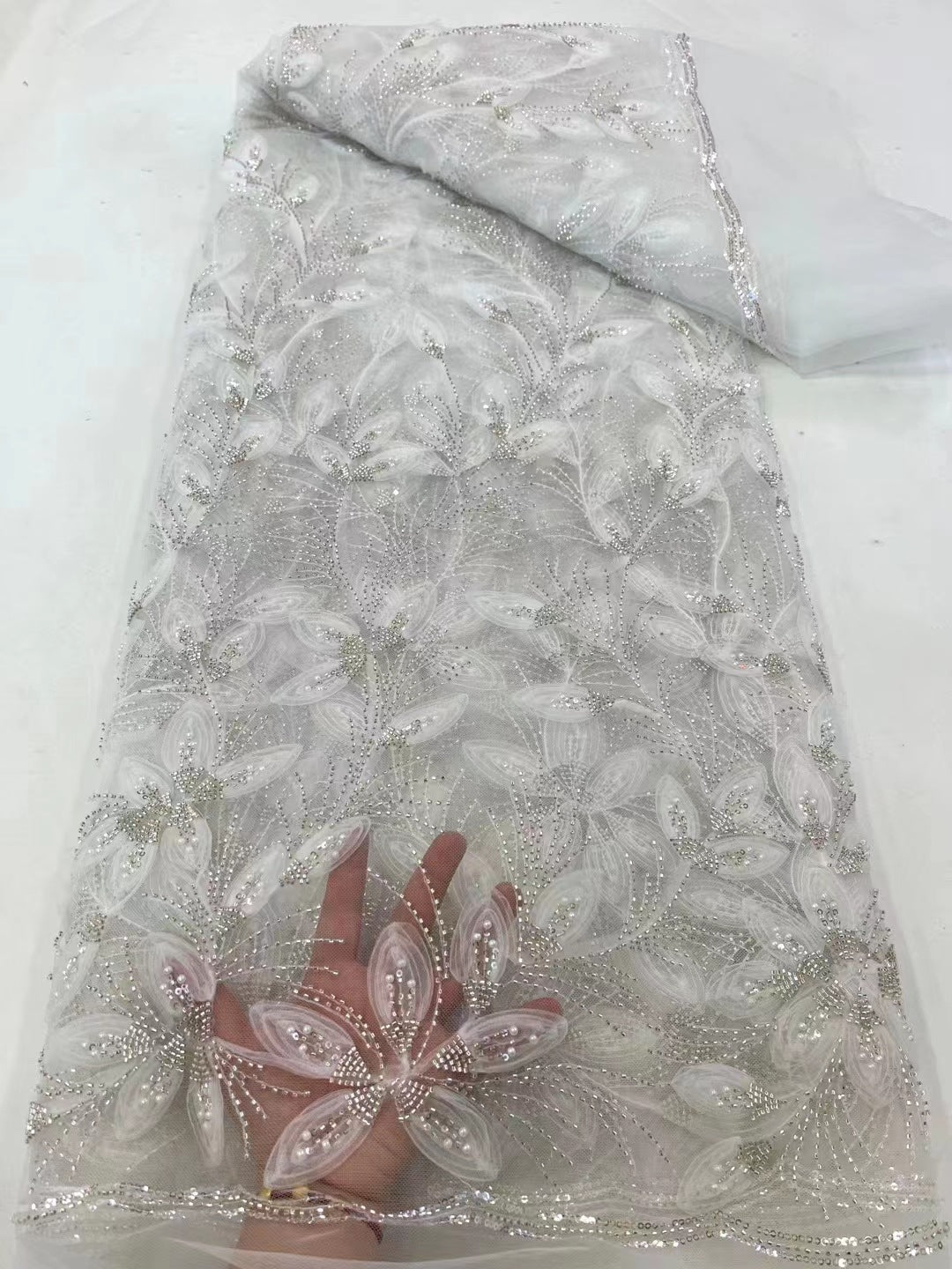 Floral Beaded Tulle Lace Fabric (5 Yards)