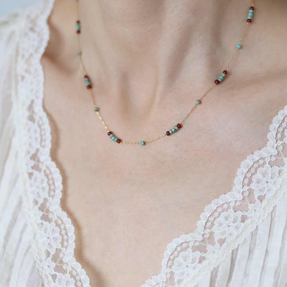 Turquoise & Red Glass Bead Necklace