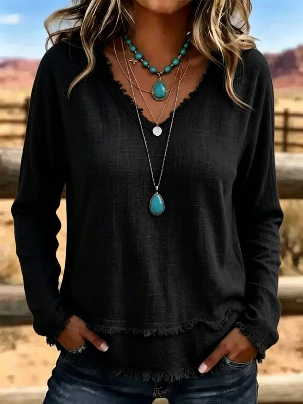 Women's Tassel V-Neck Long-Sleeve Top