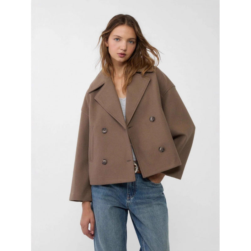 Double-Breasted Short Wool-Blend Coat