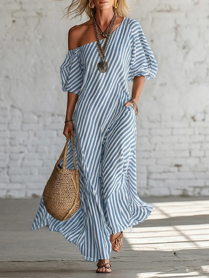 Striped Off-Shoulder Maxi Dress
