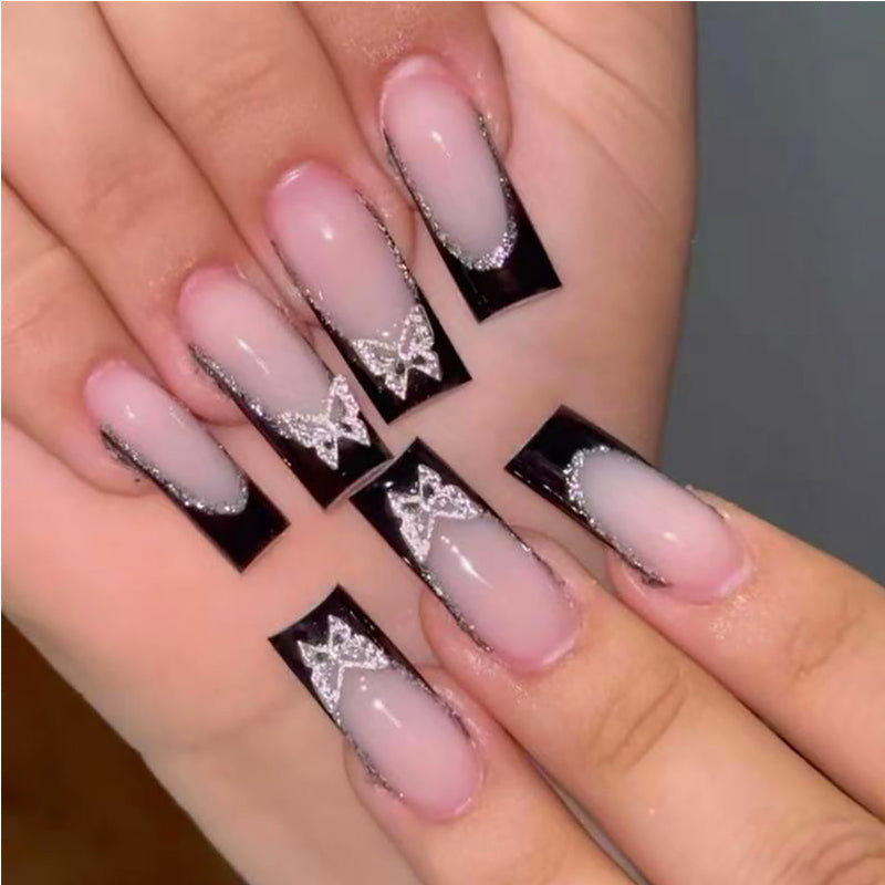 Black & Pink Butterfly Press-On Nails (24 Pcs)