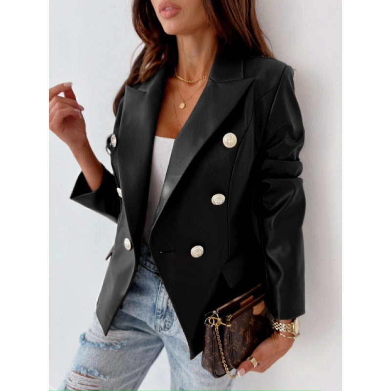 Women's Faux Leather Double-Breasted Blazer